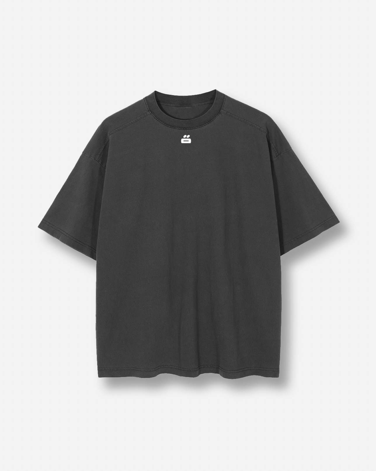 Front view of a garment dyed drop shoulder heavy tee in black